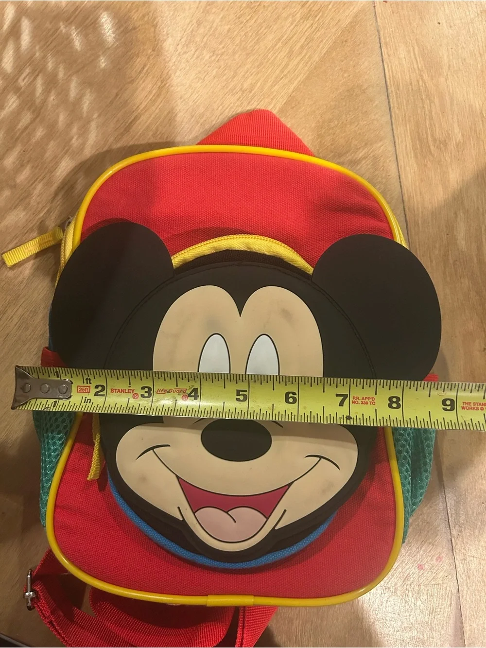 Disney Red Mickey Mouse Kids Backpack with Teal Pockets and Yellow Trim